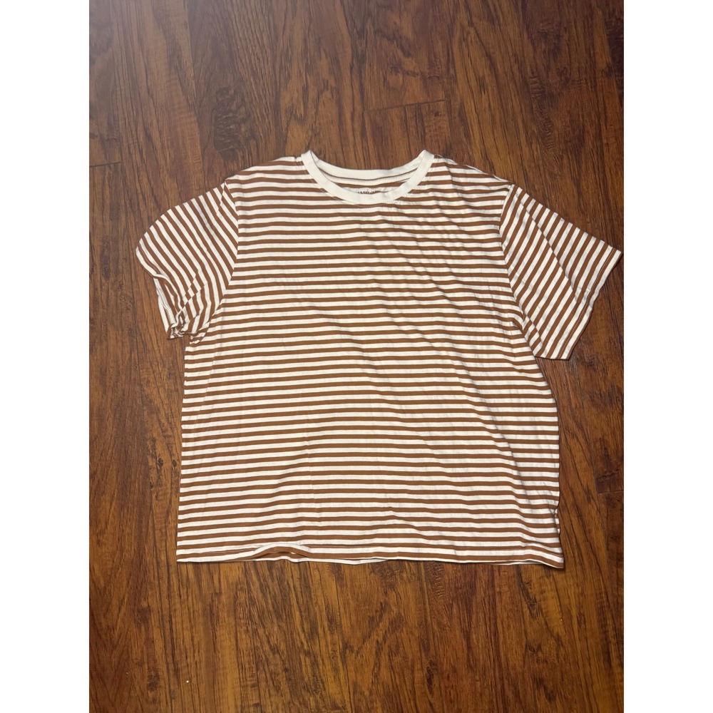 American Eagle Womens Brown Cream Striped Short Sleeve Crew Neck T-Shirt Size XL